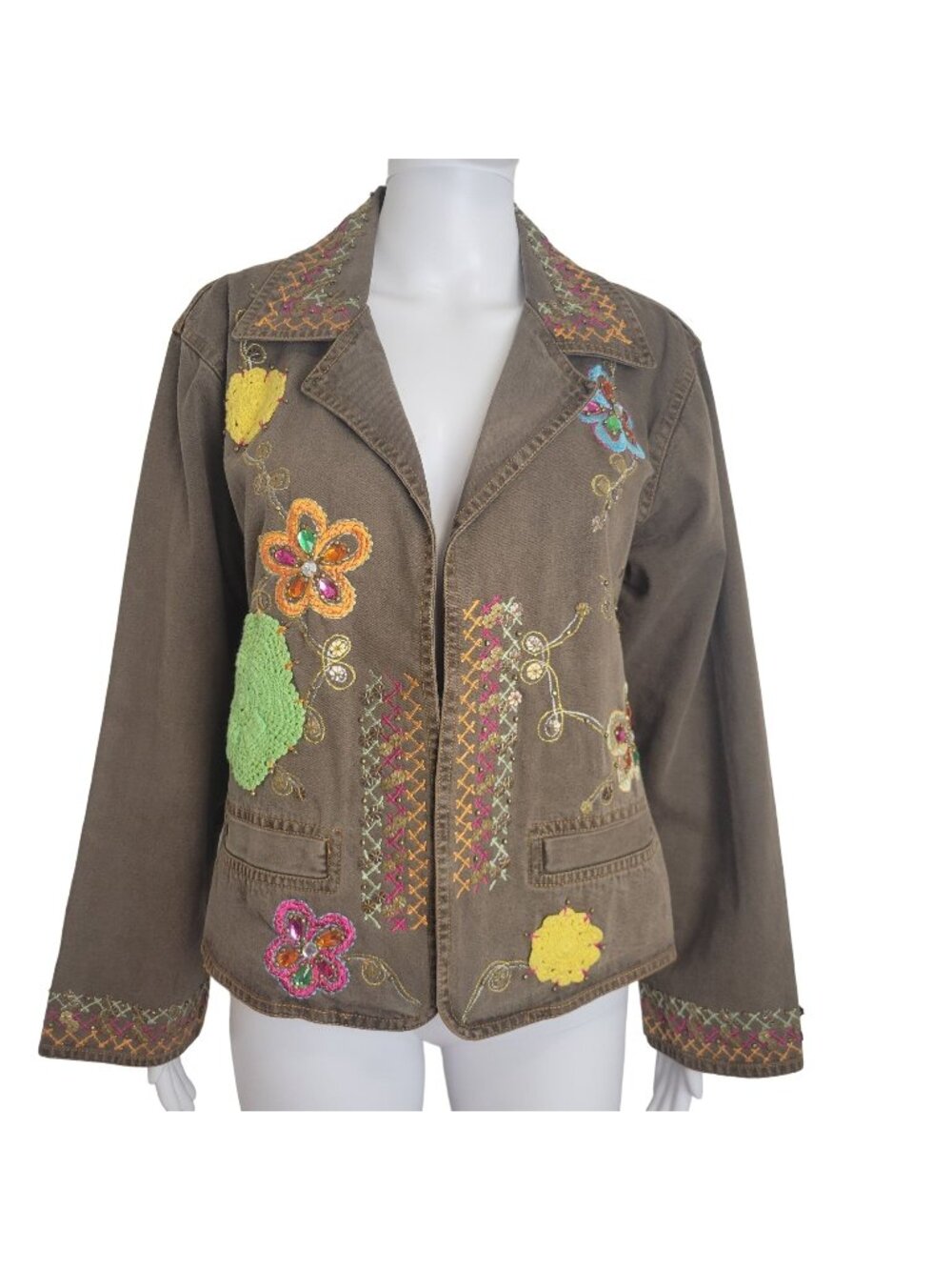 Carrie Allen Vintage Brown Denim Blazer Embellished Jacket Size XL